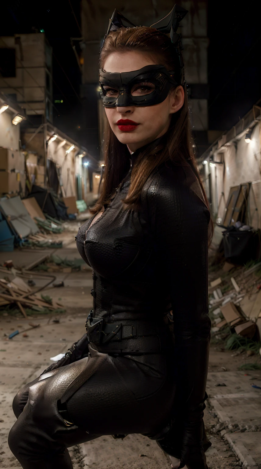 (masterpiece), (best quality), (solo character), (epiCReaLife), (young woman), ((Selina Kyle costume), (European Model), (4nn3h-v2), (large breasts), (cleavage),(green eyes), (brown hair), (red lipstick), (eye mask), (newyork street alley), (night time), (at night), (neon signs), (flash photography), 