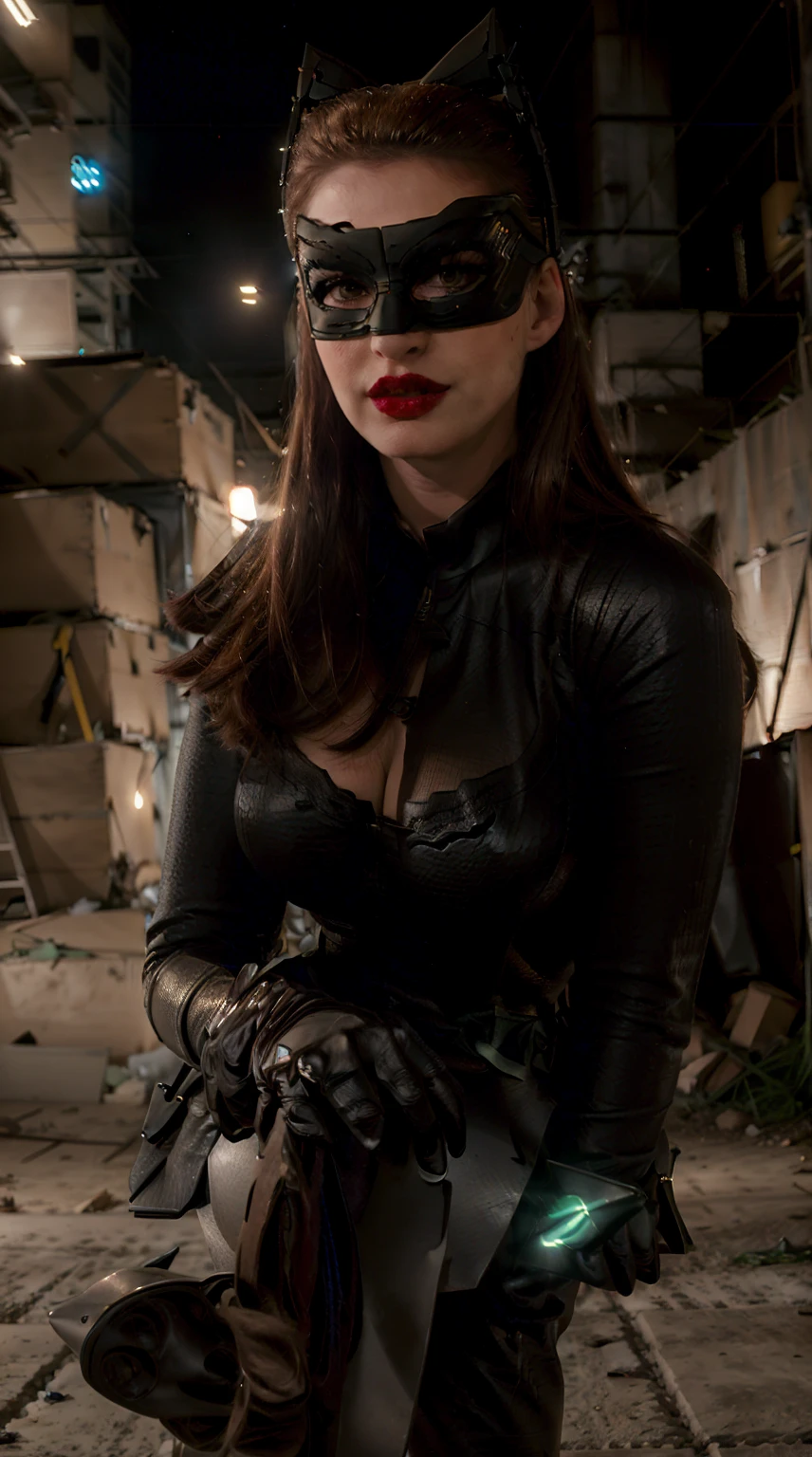 (masterpiece), (best quality), (solo character), (epiCReaLife), (young woman), ((Selina Kyle costume), (European Model), (4nn3h-v2), (large breasts), (cleavage),(green eyes), (brown hair), (red lipstick), (eye mask), (newyork street alley), (night time), (at night), (neon signs), (flash photography), 