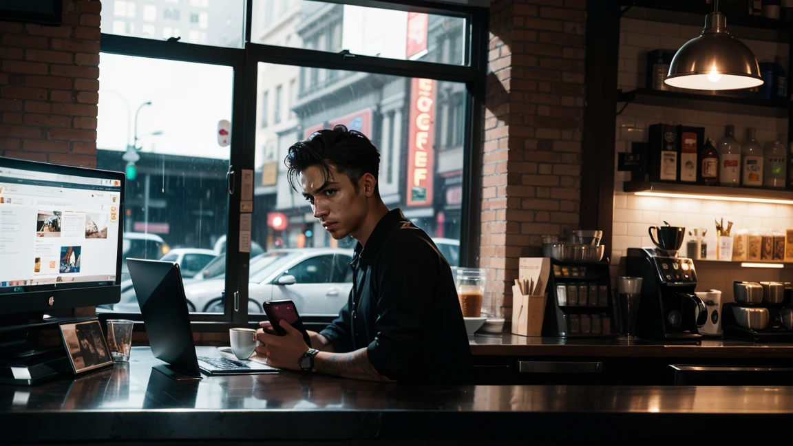 coffee shop interior with a cashier focused on his iphone screen next to him theres a big window and it is raining. Night ligthing, cinematic