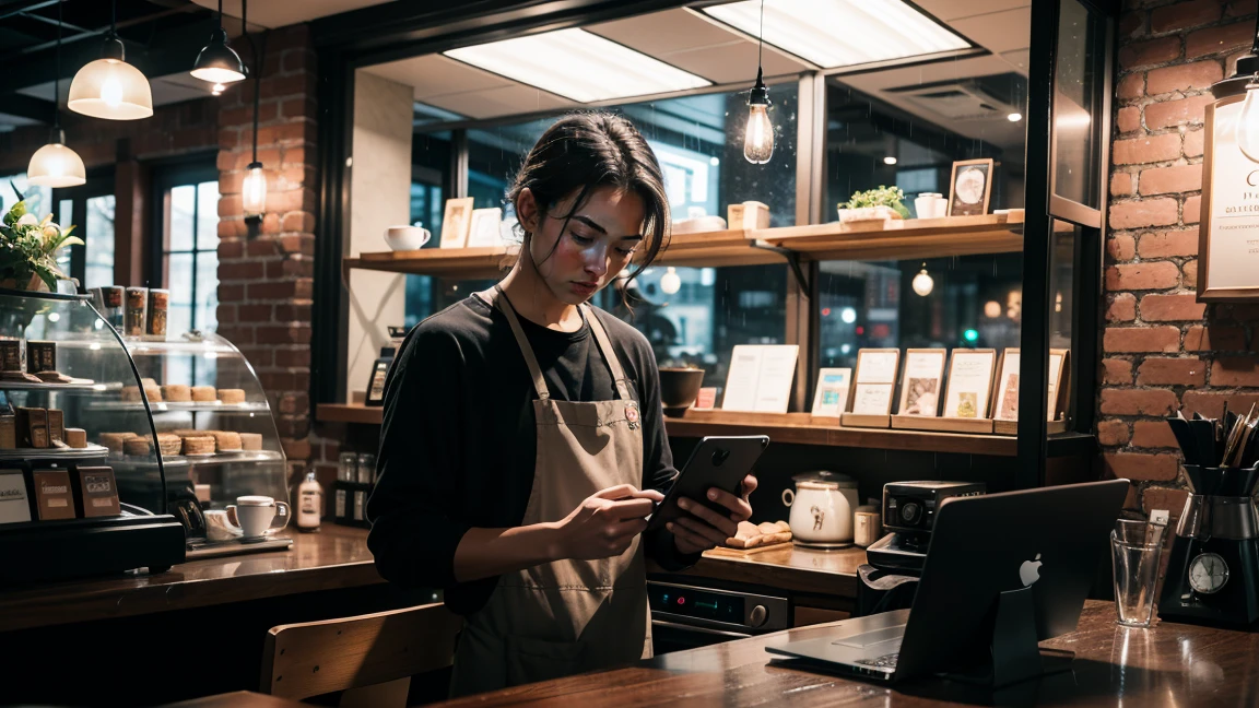 coffee shop interior with a cashier focused on his iphone screen next to him theres a big window and it is raining. Night ligthing, cinematic