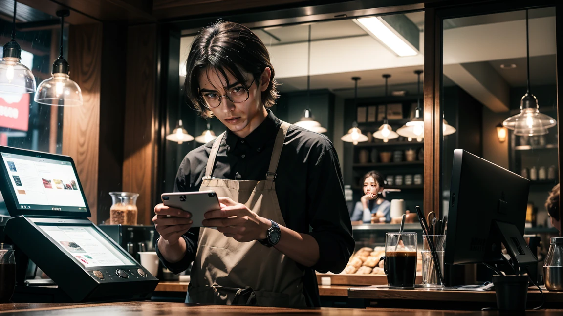 coffee shop interior with a cashier focused on his iphone screen next to him theres a big window and it is raining. Night ligthing, cinematic