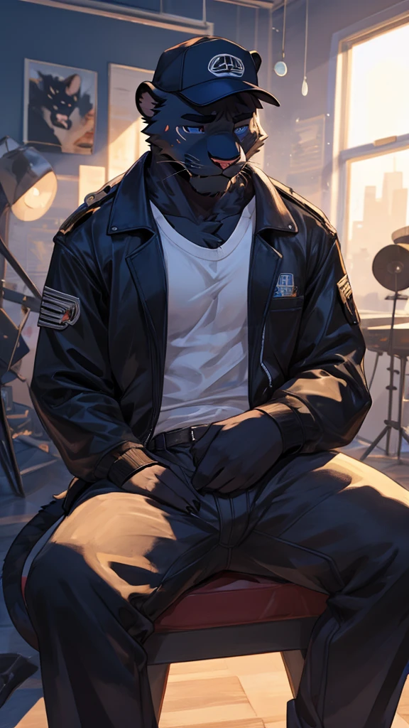 A male furry Panther is in the middle of a studio, exhausted from dance practice, wearing a cap and an open black jacket showing his chest. 