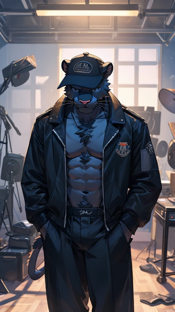 A male furry Panther is in the middle of a studio, exhausted from dance practice, wearing a cap and an open black jacket showing his chest.