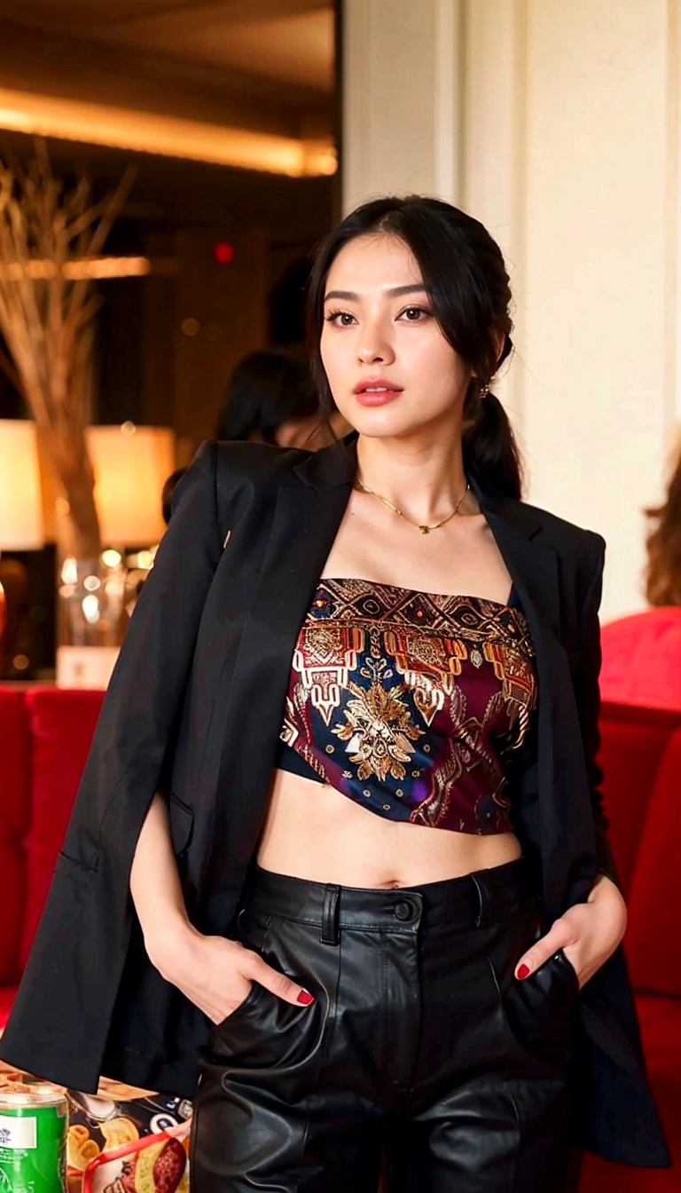 woman in black jacket and leather pants standing in front of a red couch, sha xi, dilraba dilmurat, lulu chen, jia, heonhwa choe, gongbi, gorgeous chinese model, miko, xintong chen, xue han, in style of lam manh, mai anh tran, gemma chen, korean women's fashion model, big , bra