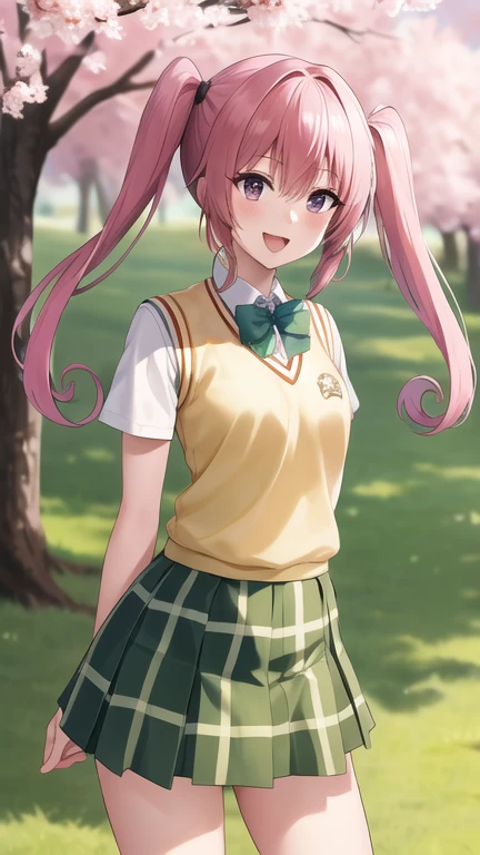 masterpiece, best quality, highres, aanana, long hair, twintails, , green bowtie, white shirt, sweater vest, short sleeves, plaid skirt, green skirt, standing, cowboy shot, outdoors, smile, open mouth, leaning forward, arms behind back, cherry blossoms,