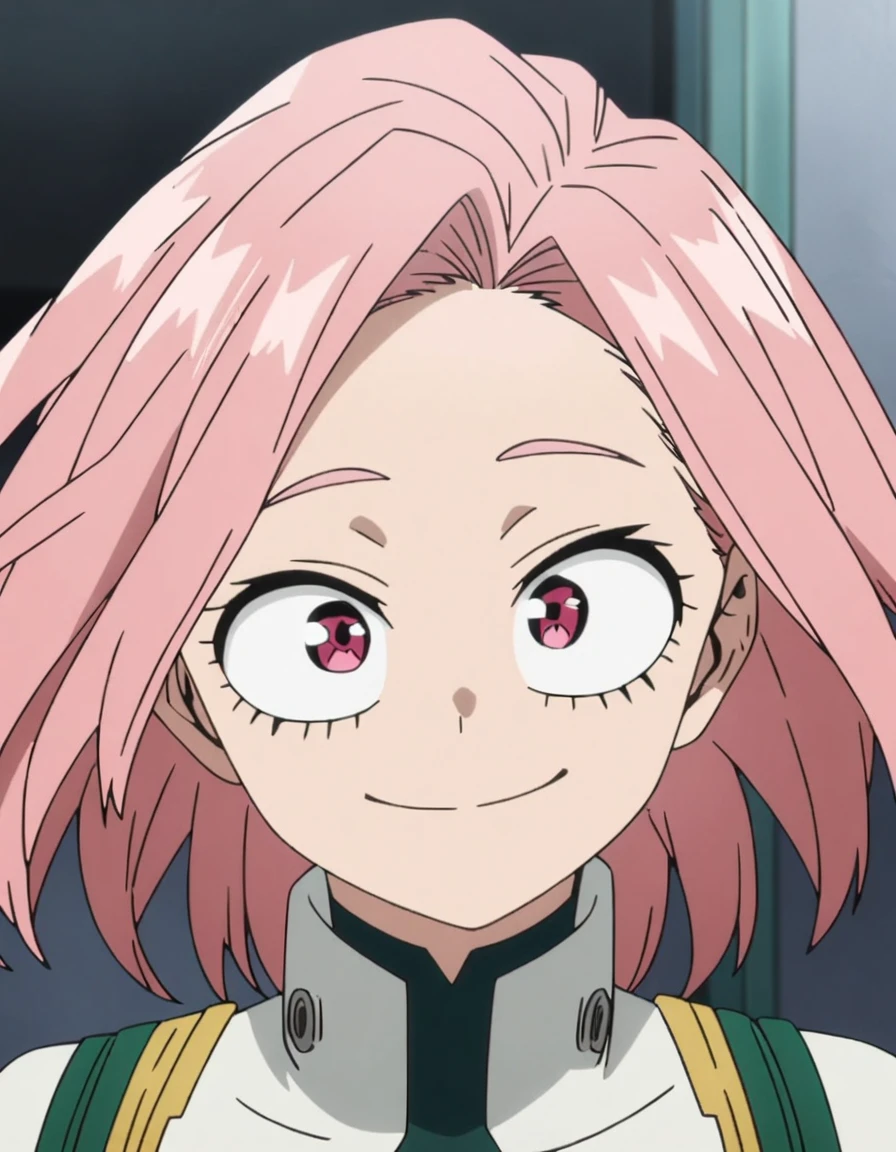 1girl, female focus, my hero academia screencap, boku no hero academia, pink hair, pink eyes, smiling