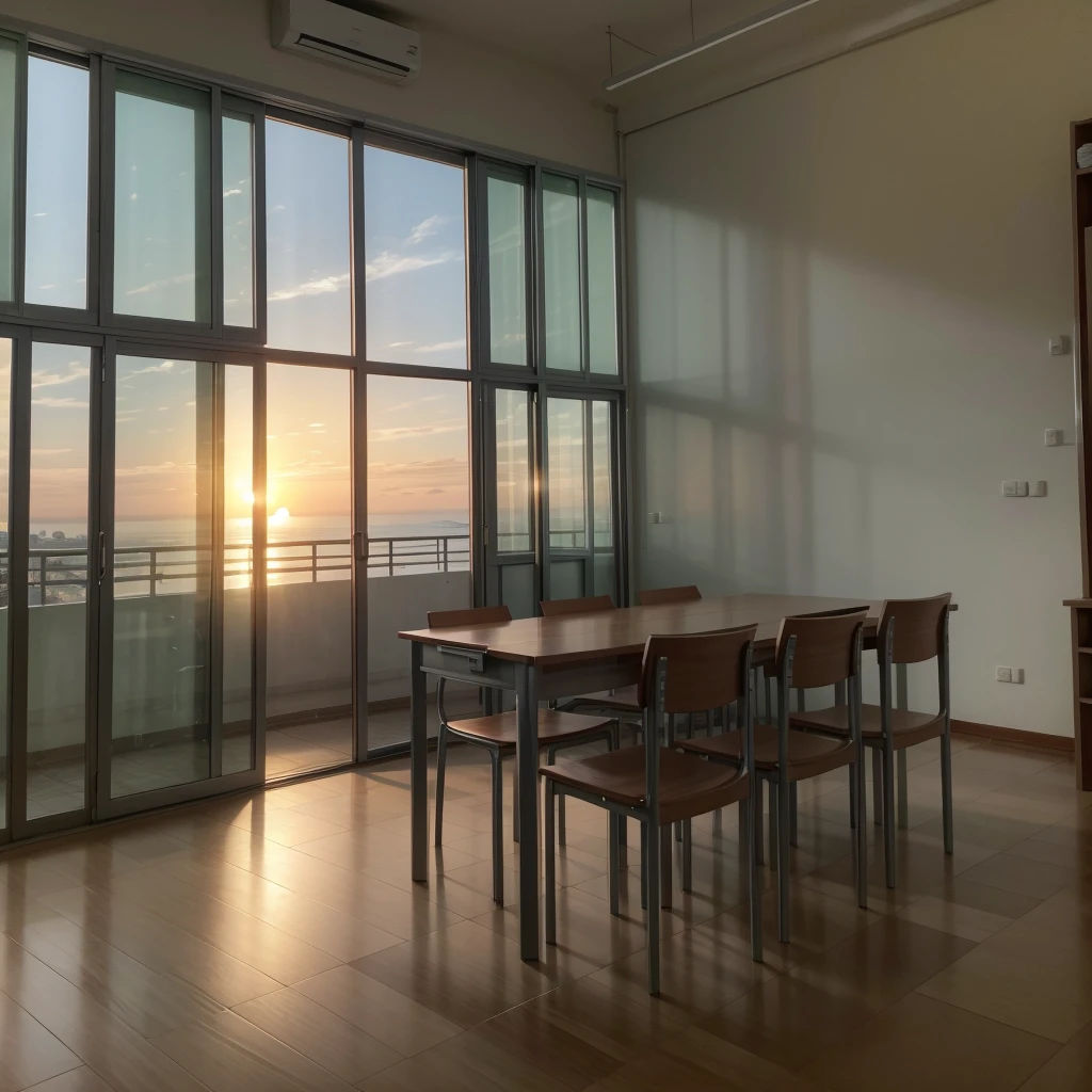 Quero uma imagem de uma sala de aula universitaria, com um por do sol transcedendo a  janela. Do it in an Asian classroom style 
