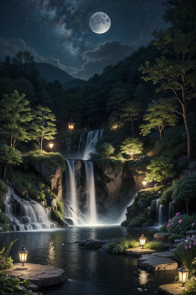 Create a realistic image full resolution 8k cinematic quality of the Waning moon, starry sky, garden with a lamp, beautiful and well-made cartoon-style. Waterfall in garden