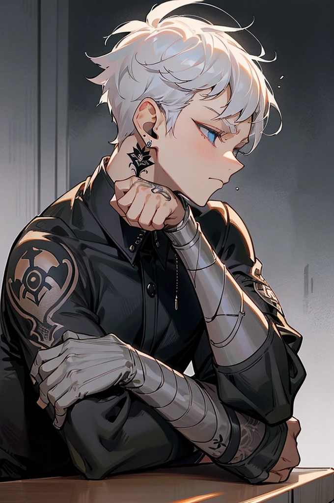 masterpice,solo, short hair, blue eyes, shirt, long sleeves, 1boy, jewelry, sitting, closed mouth, upper body, white hair, grey hair, male focus, earrings, from side, black shirt, tattoo, profile, makeup, looking down, black background, sleeves rolled up, eyeshadow, head rest, arm tattoo, neck tattoo
