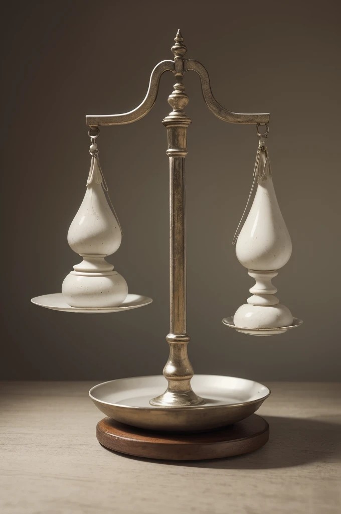 create an image:
shows a scale in perfect balance. On one of the scales, there are objects that represent excess, such as a plate with too much food or an overflowing glass. On the other scale, there are objects that symbolize deficiency, such as an empty glass or a withered plant. In the middle of the scale, Balancing both sides is a human figure in a pose of meditation or contemplation, representing virtue and moral balance.