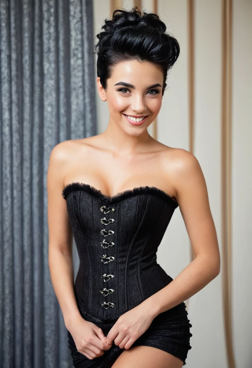 woman, black hair, updo hairstyle, wearing a black short corset dress, smiling, looking at the camera, sexy pose, elegant background