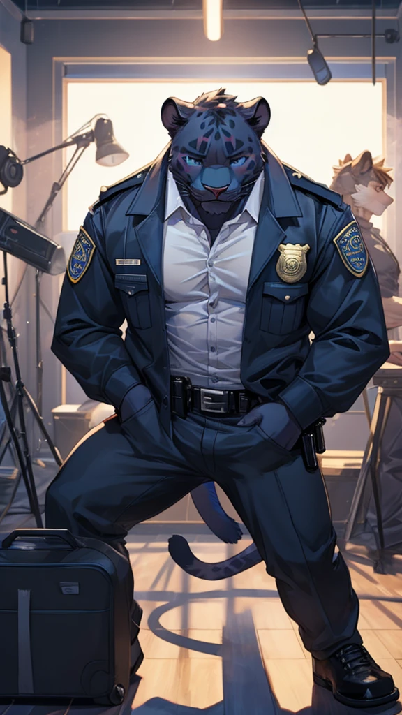 A male furry Panther is in the middle of a studio, exhausted from dance practice, wearing as a police and an open black jacket showing his chest.