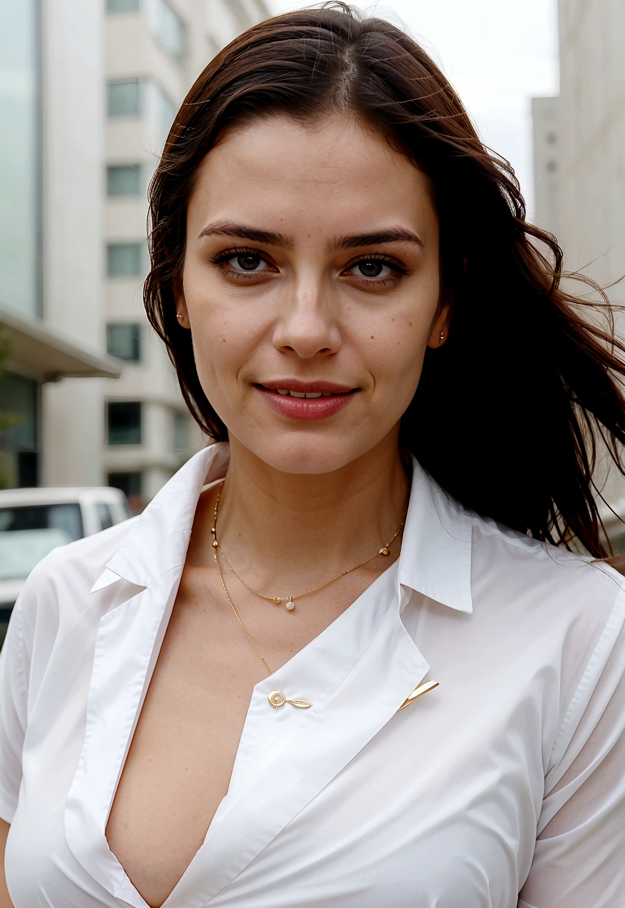 create an image of a business woman 30 with expression of success and confidence, pose de perfil de lado olhando para frente, imagem fundo escuro