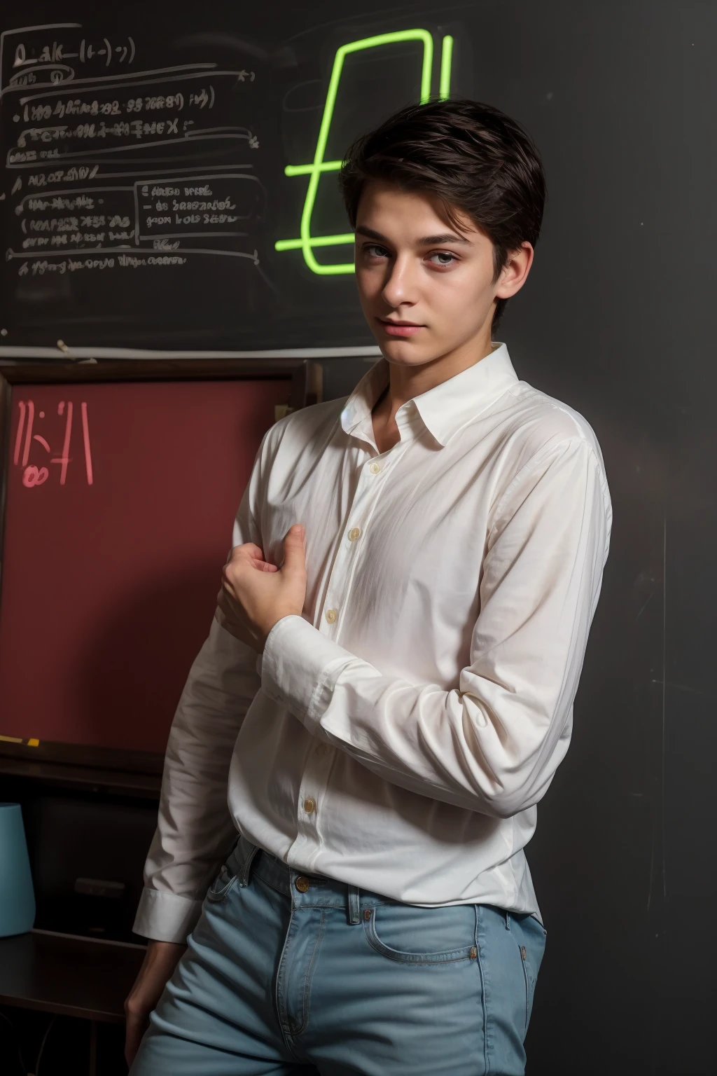 A young, cute, beautiful male twink with black hair, wearing a luxurious white long-sleeved shirt and jeans. He is in his office, and behind him is a blackboard with calculus written on it, and neon energy comes out of the blackboard. He looks proudly, his eyes have dark circles under them, and he looks with a look of horror.