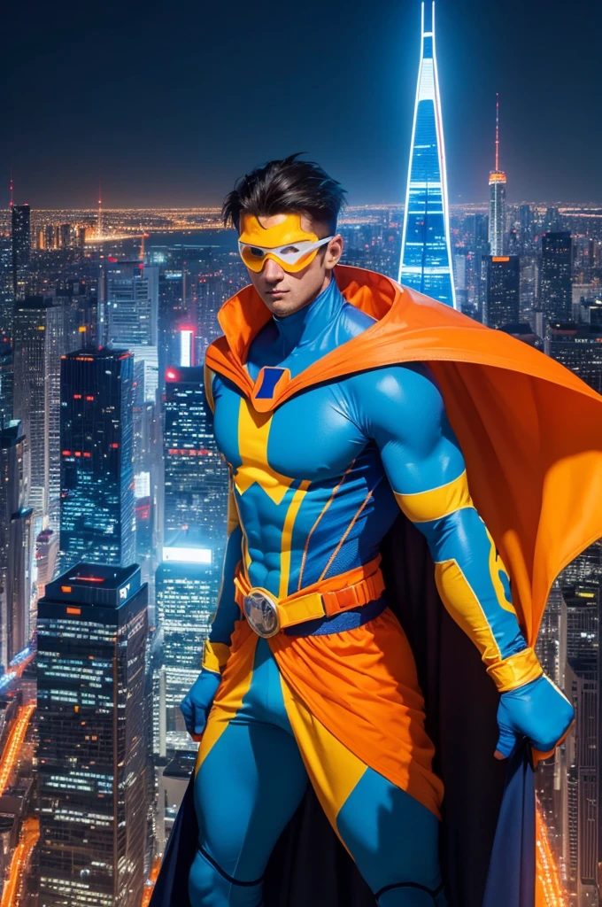 A brave hero wears a cartoon costume with vibrant shades of orange, azul e amarelo. His uniform is covered in pixelated prints., revealing a futuristic and technological design. The hero sports a flowing cape as he surveys the city at night, with illuminated skyscrapers in the background. Bright light effects and color saturation.