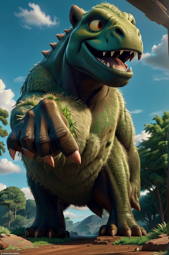 A giant muscle-bound dinosaur, towering over a lush, verdant jungle landscape, its powerful jaws opened in a mighty roar, (realistic,photorealistic,photo-realistic:1.37), (best quality,4k,8k,highres,masterpiece:1.2),ultra-detailed,extremely detailed dinosaur anatomy,highly detailed skin texture, intricate scales, razor-sharp teeth, intense eyes, cinematic lighting, dramatic shadows, HDR, hyper-realistic, vibrant colors, natural environment, dense foliage, towering trees, dramatic clouds, cinematic composition
