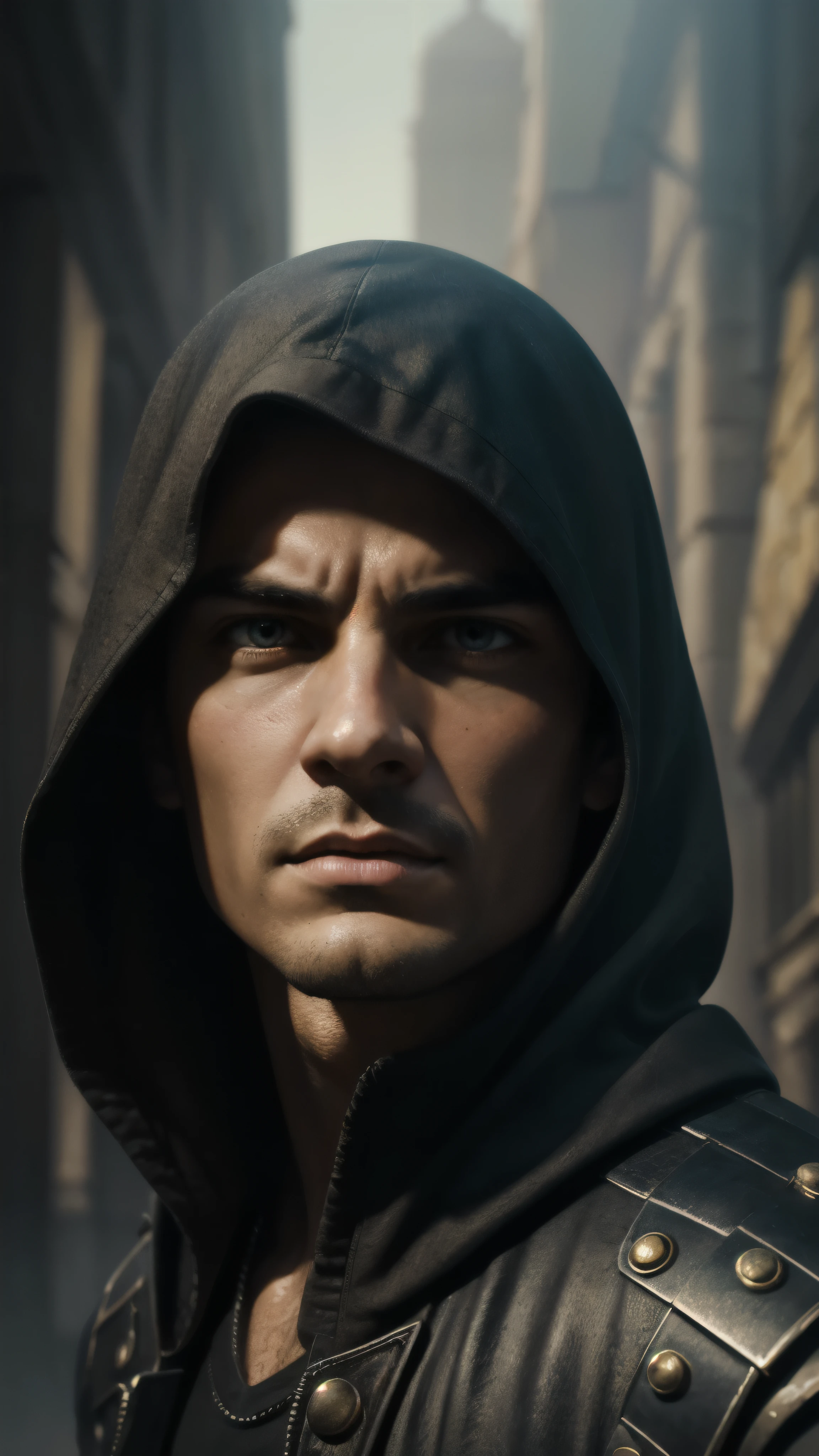 (de perto, retrato, close-up) macho, levi ackerman, Altamente detalhado, assin, medieval, encapuzado, burglar, on its own, Atmosfera escura, olhos intensos, detailed facial features, furtivo, postura equilibrada, fundo sombrio, espada impressionante, armadura complexa, roupas habilmente detalhadas, paisagem urbana antiga, dramatic lighting, misterioso, perigoso, assadoramente lindo, artistic composition, pincelada magistral, realistic rendering, cores vivas, Dynamic perspective