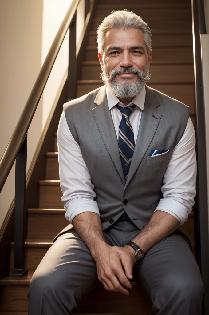 Adult Brazilian man, 50 years old, sitting on a staircase, with his arms resting on his legs, looking at the horizon, celebrating a victory, with distinct facial features, gray hair, lumberjack beard, fair and penetrating skin. Stylish office suit, full body, intricate details, sharp focus, smiling, photorealistic, highly detailed and epic, masterpiece quality, best representation of realism, 8k Ultra High Definition, detailed skin texture, soft lighting, film grain , DSLR photography.