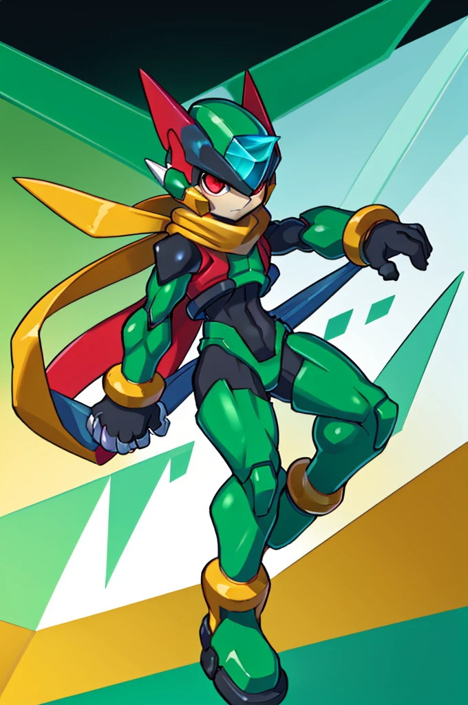 Male Reploid, Red Eyes, Black suit, closed green jacket, Green helmet, Blue gem in the shape of a triangle in the center of the helmet, yellow scarf, white groin protector, green and gold boots, full body image