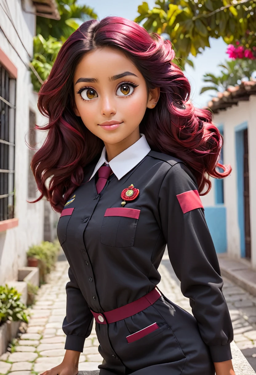 JOVEN CHICA GUAPA,A CON PELO LARGO ?????, CON UNIFORME GRANATE DE TERAPEUTA OCUPACIONAL, DE FONDO UNA RESIDENCIA DE ANCIANOS