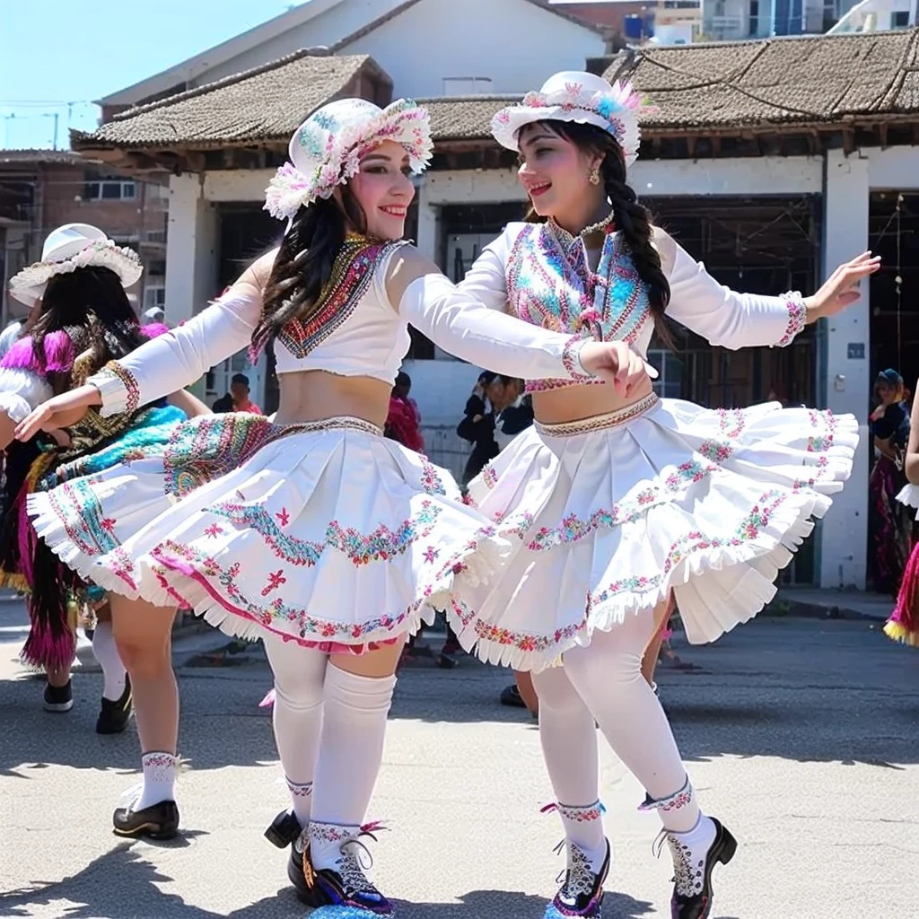 Morenada. Beautiful white women dancing Morenada, traditional dance, pretty women wearing Morenada clothing, including hats decorated with colorful feathers, jackets and pants decorated with embroidery and sequins, ruffled skirts and petticoats, and patent leather shoes.