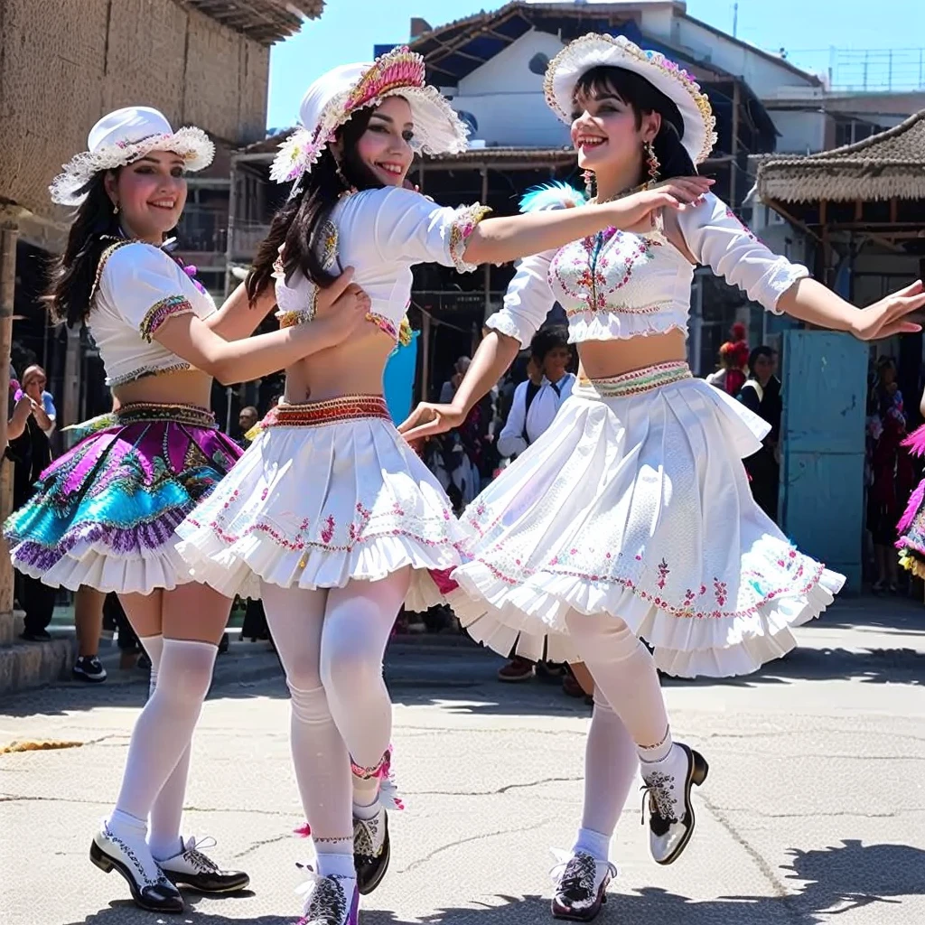 Morenada. Beautiful white women dancing Morenada, traditional dance, pretty women wearing Morenada clothing, including hats decorated with colorful feathers, jackets and pants decorated with embroidery and sequins, ruffled skirts and petticoats, and patent leather shoes.