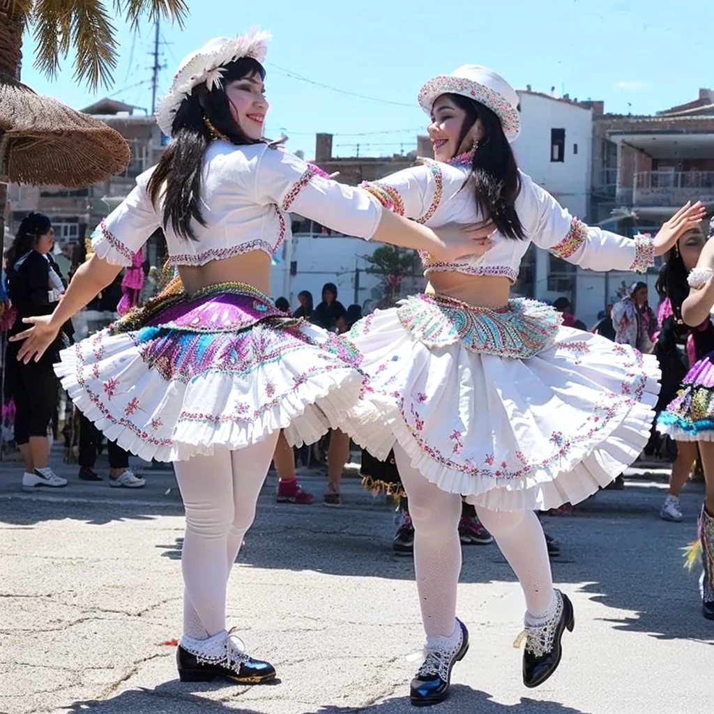 Morenada. Beautiful white women dancing Morenada, traditional dance, pretty women wearing Morenada clothing, including hats decorated with colorful feathers, jackets and pants decorated with embroidery and sequins, ruffled skirts and petticoats, and patent leather shoes.