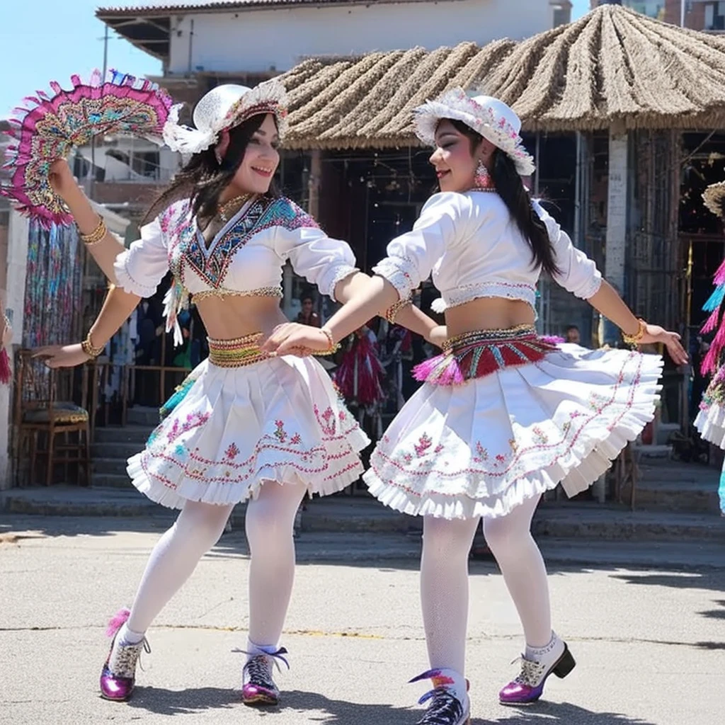 Morenada. Beautiful white women dancing Morenada, traditional dance, pretty women wearing Morenada clothing, including hats decorated with colorful feathers, jackets and pants decorated with embroidery and sequins, ruffled skirts and petticoats, and patent leather shoes.