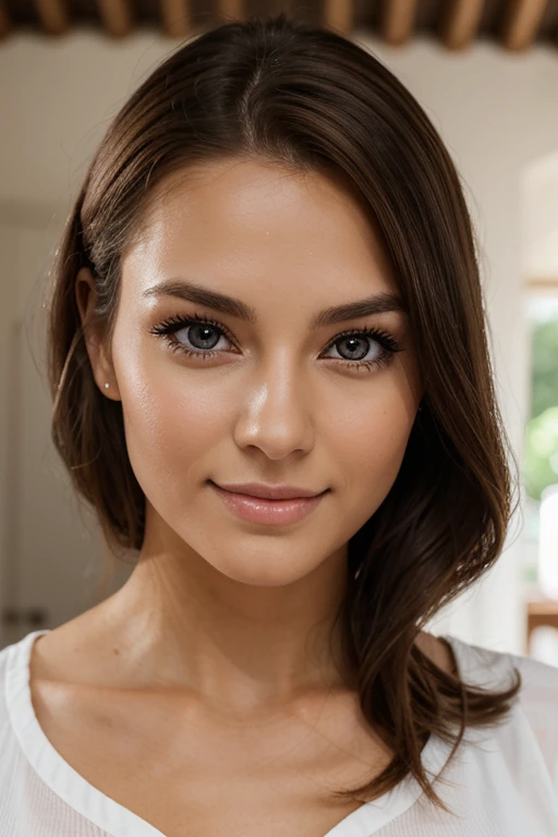 Photograph of a 25 year old woman, asia mix, perfektes Gesicht, angezogen, lebensfreude, frisches aussehen, Meisterwerk, realistisches Aussehen, sportliche figur, 165cm tall, slightly tanned skin, realistische haut, charming smile, braune haare, southern type woman, augen auf die kamera gerichtet, nachmittag, sommer, 75mm focus length, dunkle braune augen, big eyes, Beautiful eyelashes, natural makeup, accurate, anatomically correct, super detail, high details, high quality, award winning, best quality, highres