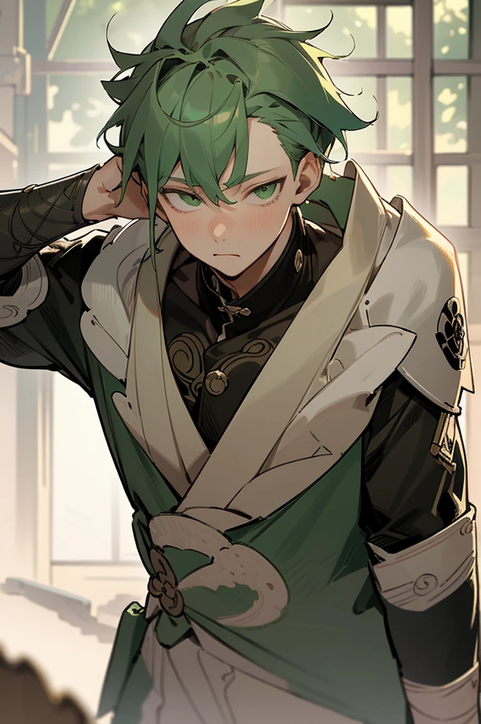 (4k), depth of field, (Masterpiece), (realistic skin texture), extremely detailed, intricate, hyper detailed, high resolution, professional photography, , depth of field, sharp detail, best quality, looking at viewer, 1boy, solo, male focus, hokusai_masaki, green hair, green eyes, , , The Shrine of the Lost, HD
