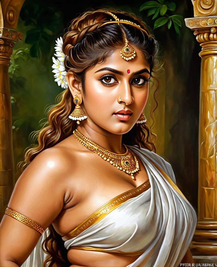 Looks like Nayanthara, exotic Indian art, oviyar maruthi style painting, Masterpiece, Beautiful Thick Woman, Best quality, high clarity eyes, critically flawless,sharp picture, Full portrait, High pixels, perfect face, perfect eyes, beautiful face, perfect hands,perfect fingers, in Peter Paul Rubens style, by Peter Paul Rubens, baroque style, acrylic on canvas, highly detailed, description: "Create a nymph inspired by the tales of Greek or Roman mythology, embodying the essence of a natural element or location, and possessing a unique ability or trait that sets her apart."