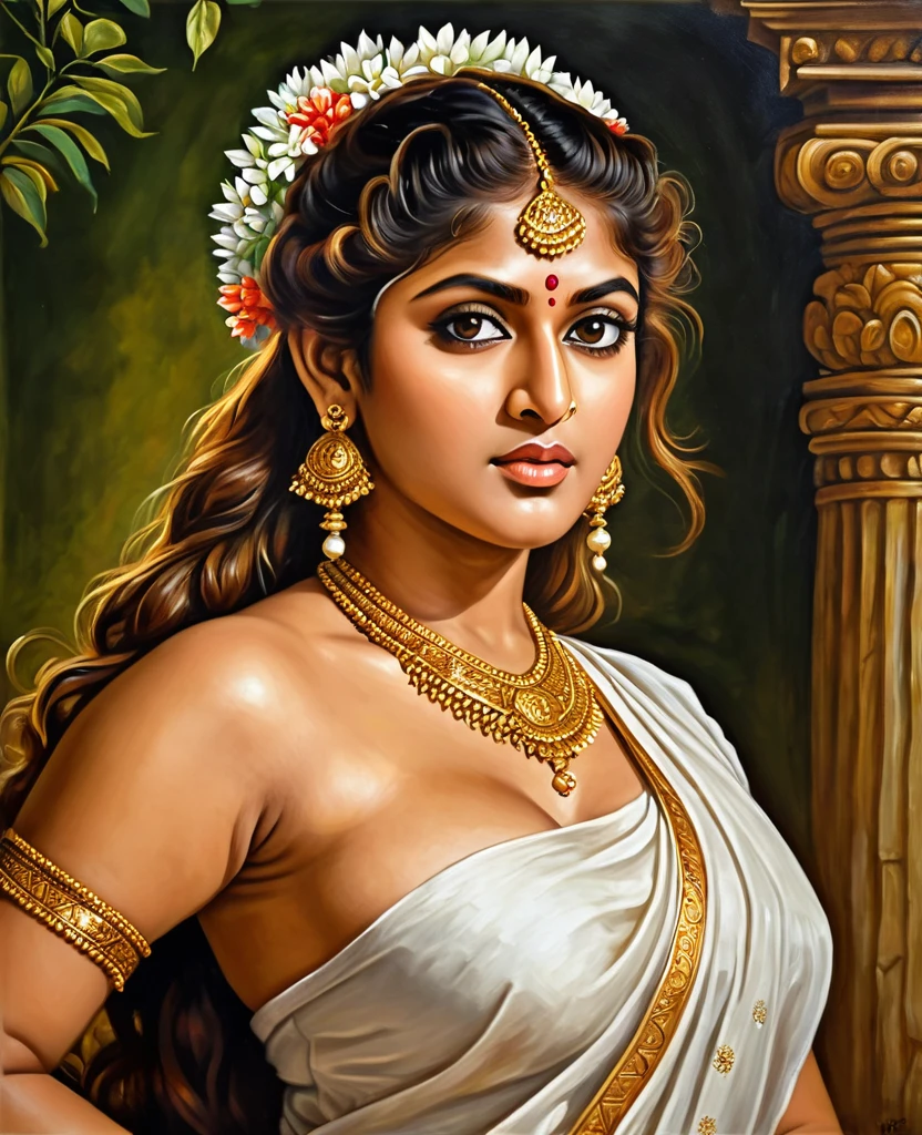Looks like Nayanthara, exotic Indian art, oviyar maruthi style painting, Masterpiece, Beautiful Thick Woman, Best quality, high clarity eyes, critically flawless,sharp picture, Full portrait, High pixels, perfect face, perfect eyes, beautiful face, perfect hands,perfect fingers, in Peter Paul Rubens style, by Peter Paul Rubens, baroque style, acrylic on canvas, highly detailed, description: "Create a nymph inspired by the tales of Greek or Roman mythology, embodying the essence of a natural element or location, and possessing a unique ability or trait that sets her apart."