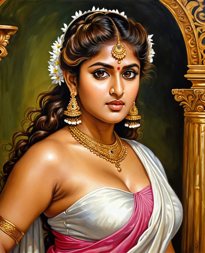 Looks like Nayanthara, exotic Indian art, oviyar maruthi style painting, Masterpiece, Beautiful Thick Woman, Best quality, high clarity eyes, critically flawless,sharp picture, Full portrait, High pixels, perfect face, perfect eyes, beautiful face, perfect hands,perfect fingers, in Peter Paul Rubens style, by Peter Paul Rubens, baroque style, acrylic on canvas, highly detailed, description: "Create a nymph inspired by the tales of Greek or Roman mythology, embodying the essence of a natural element or location, and possessing a unique ability or trait that sets her apart."