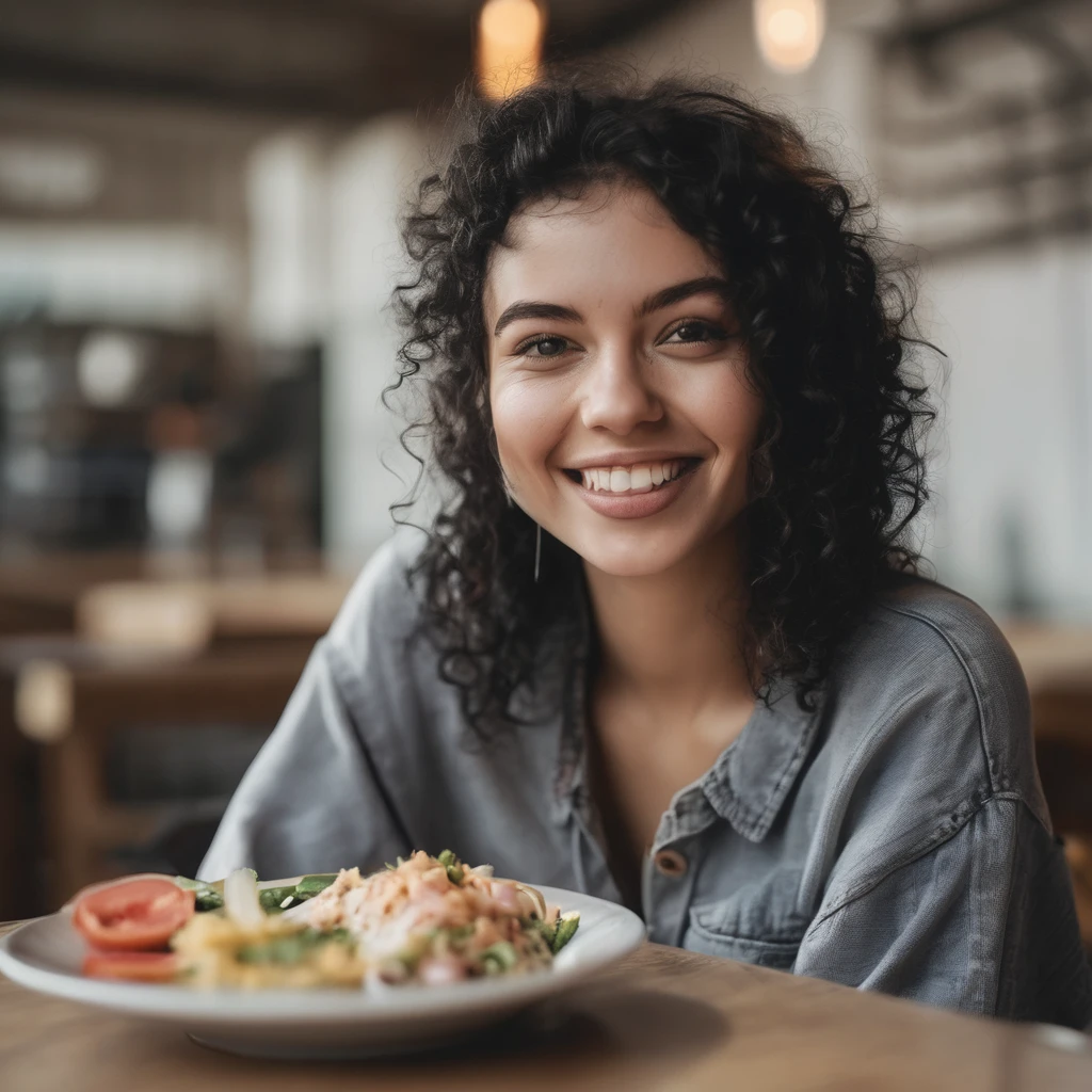 Close-up face of a young woman in her twenties with curly black hair, with a beautiful smile, wearing casual clothes, she is sitting eating