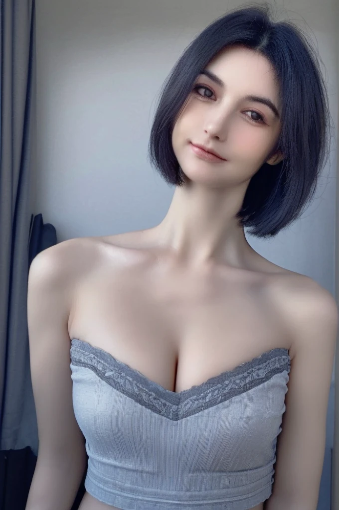 Beautiful woman with perfect body：1.4，Layered Hairstyle，Prominent cleavage：1.2，Bandeau：1.5，Highly detailed face and skin textures，Narrow eyes，Double eyelids，Skin Whitening，Short hair details，Full body female love