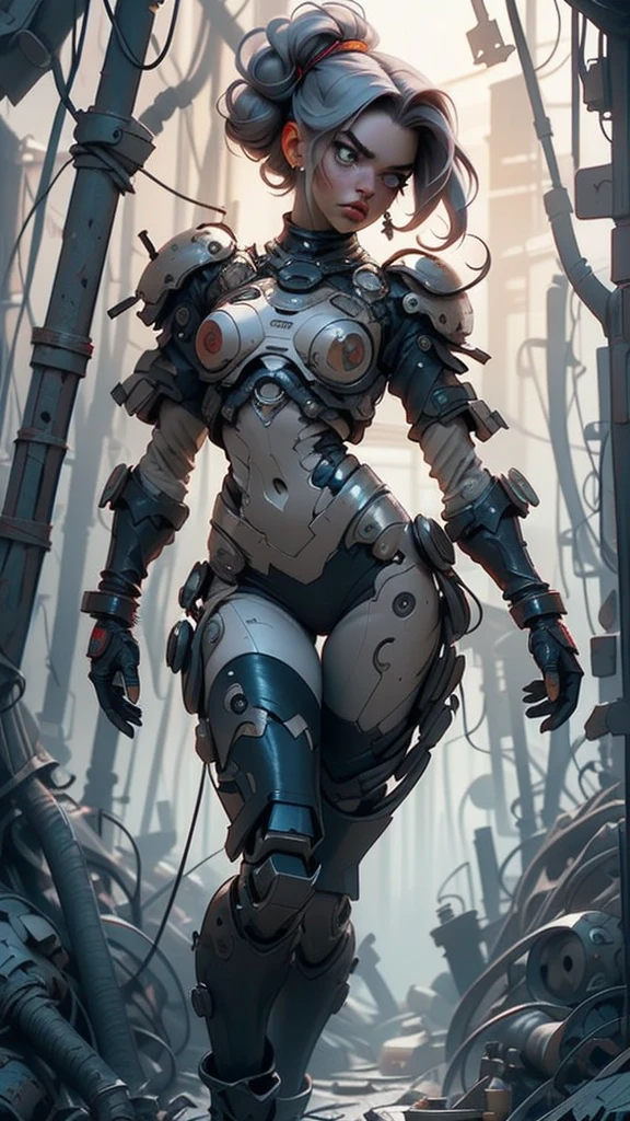 (((mulher))), (((melhor qualidade))), (((obra prima))), (((adulto))), (((1girl))), ((( corte de cabelo bob ))), A highly detailed and realistic skull girl,( Anya. Taylor Joy) cyberpunk character, mad max furiosa, one hand robot, cyborg arm, orange hair, dramatic metal heavy rock theme, best quality, 8k, hyperrealistic, photorealistic, extreme detailed painting, studio lighting, vivid colors, dark moody atmosphere, cinematic, dramatic pose, intricate mechanical details, glowing energy effects, intense gritty textures, seamless integration of organic and inorganic elements. Wearing the used clothes of a wastelander. Background: An apocalyptic wasteland. Dusty and depressing., sexy pose, walking