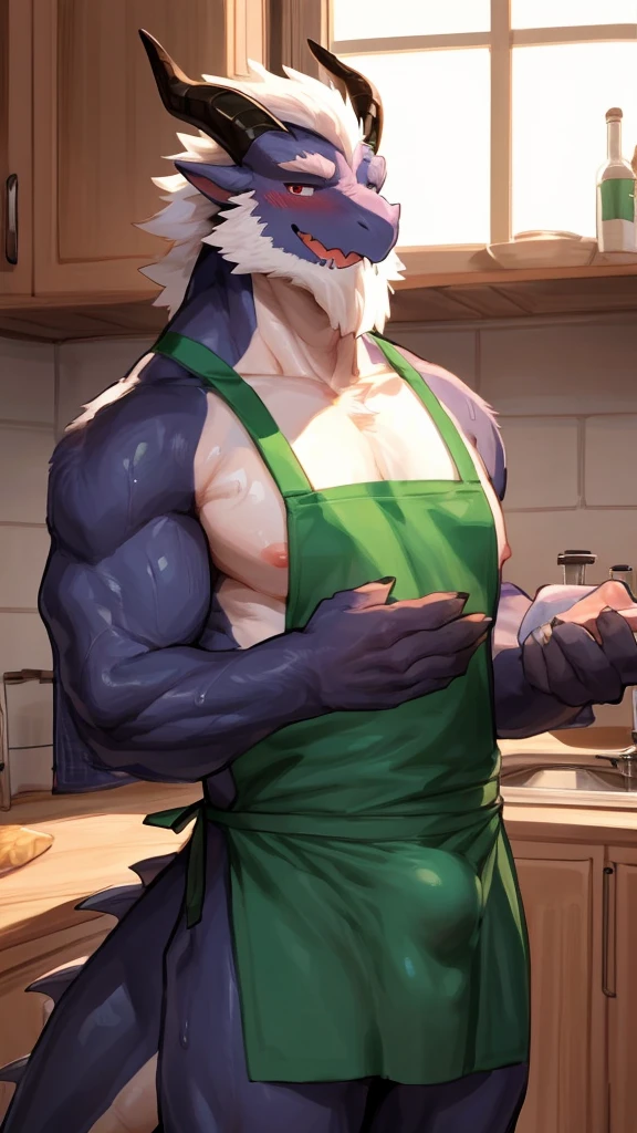 (Best quality: 1.0), (Super High Resolution: 1.0), (masterpiece, best quality:1.2), detailed, detailed hands, detailed eyes, score_9, score_8_up, score_7_up, furry, anthro, ((dragon)), ((solo)), grandpa, (about 70 years old), (manly), horns, handsome face, huge, bangs, white beard, beard above mouth, fluffly fur, nipples, looking pleasured, sexually, sexy pose, SFW, kitchen, (apron), nude, bulge, flaccid, in heat, panting, sweat, sweaty, musk, (skinny, shy), hands touching, (looking at viewer, shy), blushes:0.3, close up view, (by bebebebebe, by syuro)