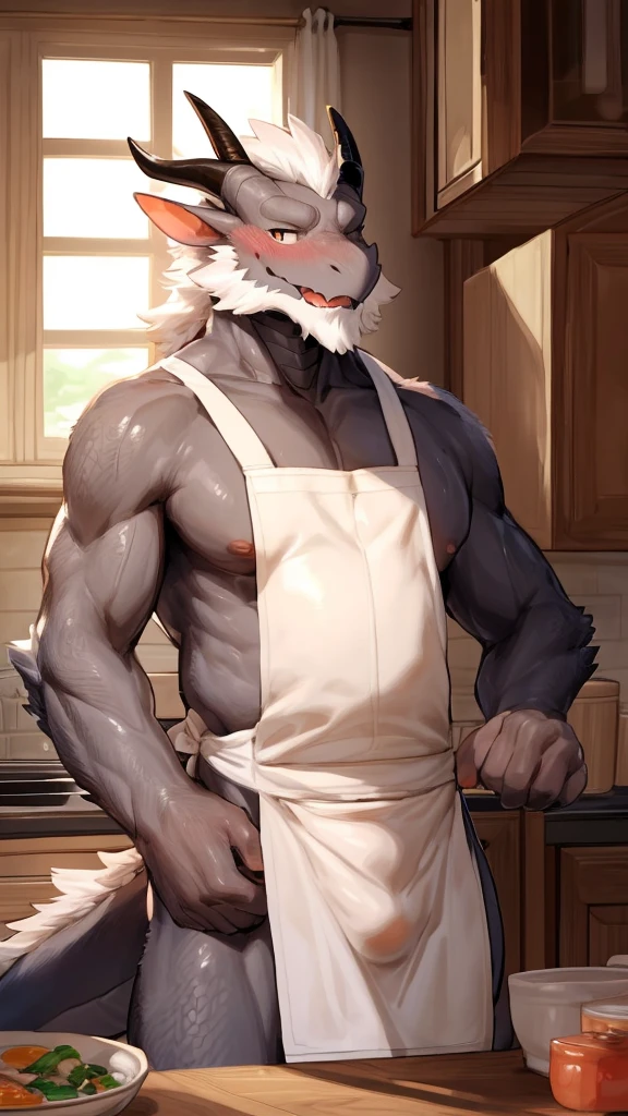 (Best quality: 1.0), (Super High Resolution: 1.0), (masterpiece, best quality:1.2), detailed, detailed hands, detailed eyes, score_9, score_8_up, score_7_up, furry, anthro, ((dragon)), ((solo)), grandpa, (about 70 years old), (manly), horns, handsome face, huge, bangs, white beard, beard above mouth, fluffly fur, nipples, looking pleasured, sexually, sexy pose, SFW, kitchen, (apron), nude, bulge, flaccid, in heat, panting, sweat, sweaty, musk, (skinny, shy), hands touching, (looking at viewer, shy), blushes:0.3, close up view, (by bebebebebe, by syuro)