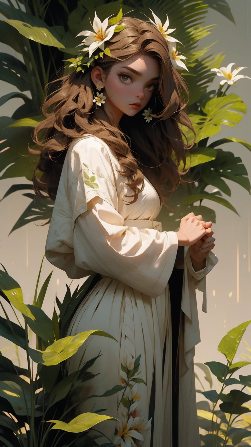 YXYcolor,1girl, only, light brown hair, Flower, hair ornament, very long hair, upper body, Looking at the viewer, Simple background, leaf, Plant, shirt, white shirt, white flower, red lips, black eyes, tropical leaves on the background