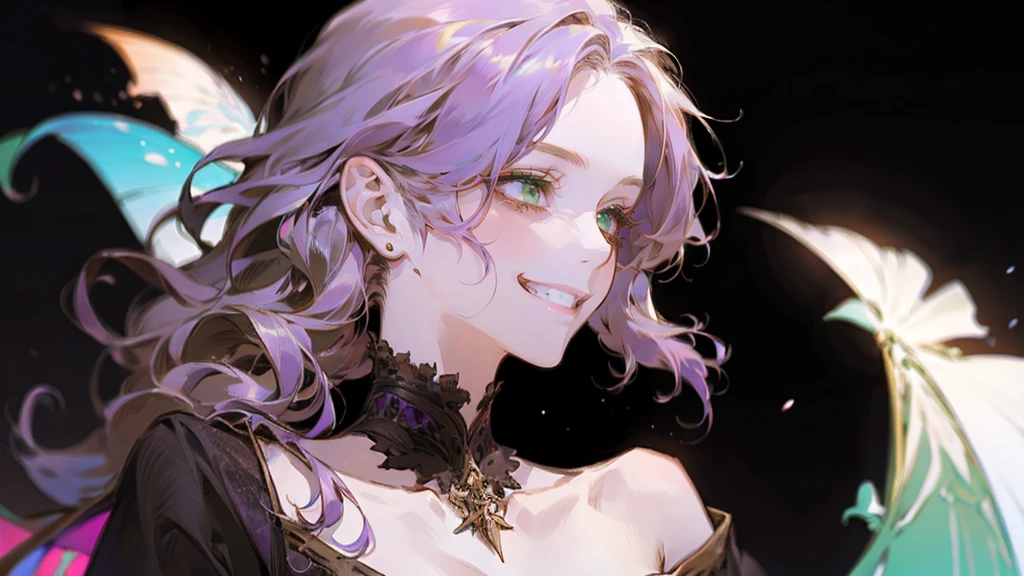 A beautiful, elegant girl with purple hair, green eyes and pale skin. Her hair is long and curly, she has two pretty tufts on the sides. She is an elf girl. elf ears. ((she smiles:1.2)). black background.