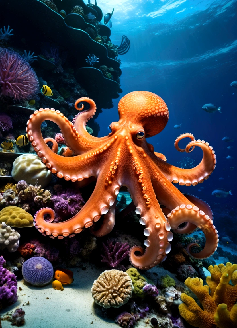 underwater habitat of an octopus and its mysterious charm, coral,