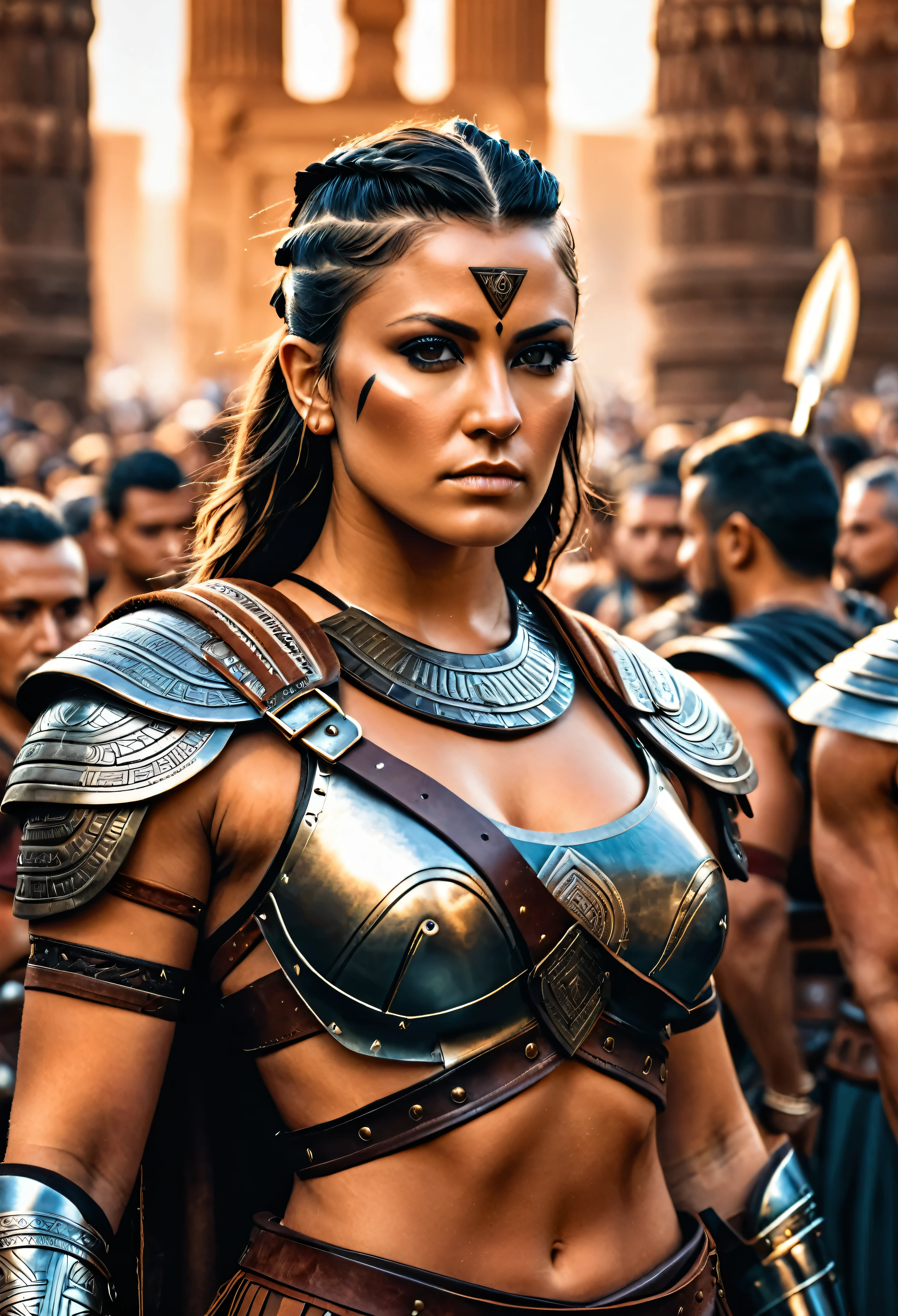 close up, photorealistic, (masterpiece:1.3), (best quality:1.3), beautiful, (intricate details), unity 8k wallpaper, ultra detailed, beautiful, aesthetic, perfect lighting, crowd around WestGark, very strong woman, (muscular:1.2), wearing leather plastron armor, wearing toga, hunting, (aztec temple background:1.0), (perfect hands:1.2),,