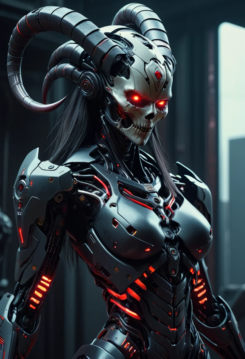 (best quality,4k,8k,highres,masterpiece:1.2),ultra-detailed,(realistic,photorealistic,photo-realistic:1.37), a heavily armed female android modeled after a terrifying demonic appearance, evil android, dark futuristic science fiction, hyper-detailed, cinematic lighting, dramatic chiaroscuro, muted color palette, intricate mechanical details, ominous atmosphere, intimidating presence, mechanical limbs, glowing red eyes, sharp fangs, sinister expression, advanced weaponry, cyberpunk, dystopian, moody, large goat horns