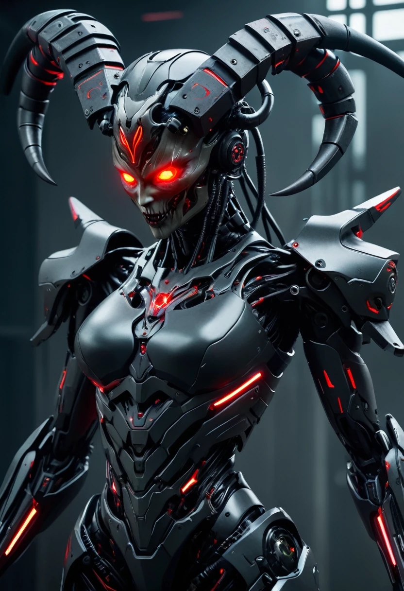 (best quality,4k,8k,highres,masterpiece:1.2),ultra-detailed,(realistic,photorealistic,photo-realistic:1.37), a heavily armed female android modeled after a terrifying demonic appearance, evil android, dark futuristic science fiction, hyper-detailed, cinematic lighting, dramatic chiaroscuro, muted color palette, intricate mechanical details, ominous atmosphere, intimidating presence, mechanical limbs, glowing red eyes, sharp fangs, sinister expression, advanced weaponry, cyberpunk, dystopian, moody, large goat horns