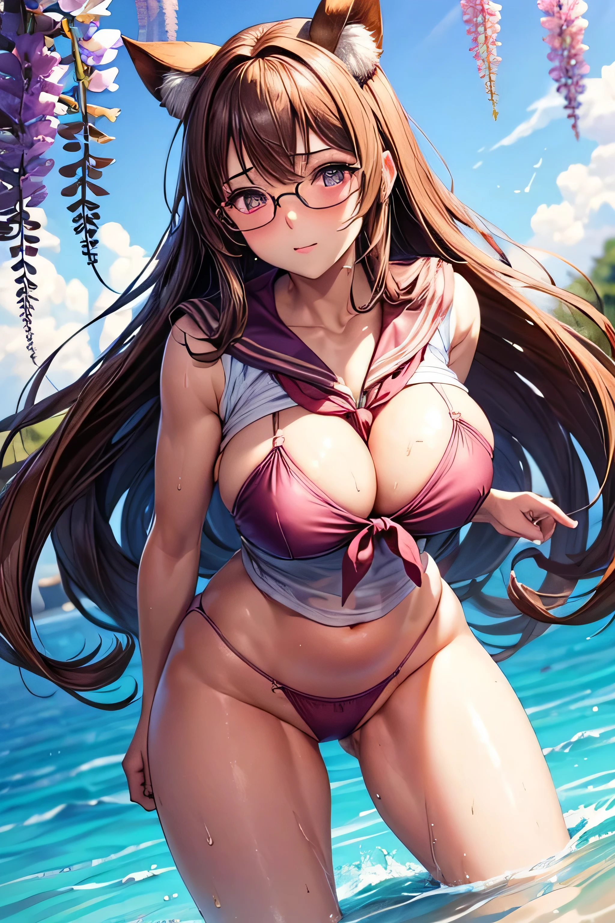 (Very detailed, Highest quality, Anatomically perfect body), One girl, Anime Girls, Brown long hair, Brown eyes, Pink Glasses,heart shaped pupils,Sunburned skin, Large Breasts,beautiful breasts,pointy breasts,(Big Ass),(My lower abdomen is bloated),(Urge to urinate),sweat,Sailor suit,Wisteria flower,(water),(Rub your thighs together:1.3), Leaning forward,