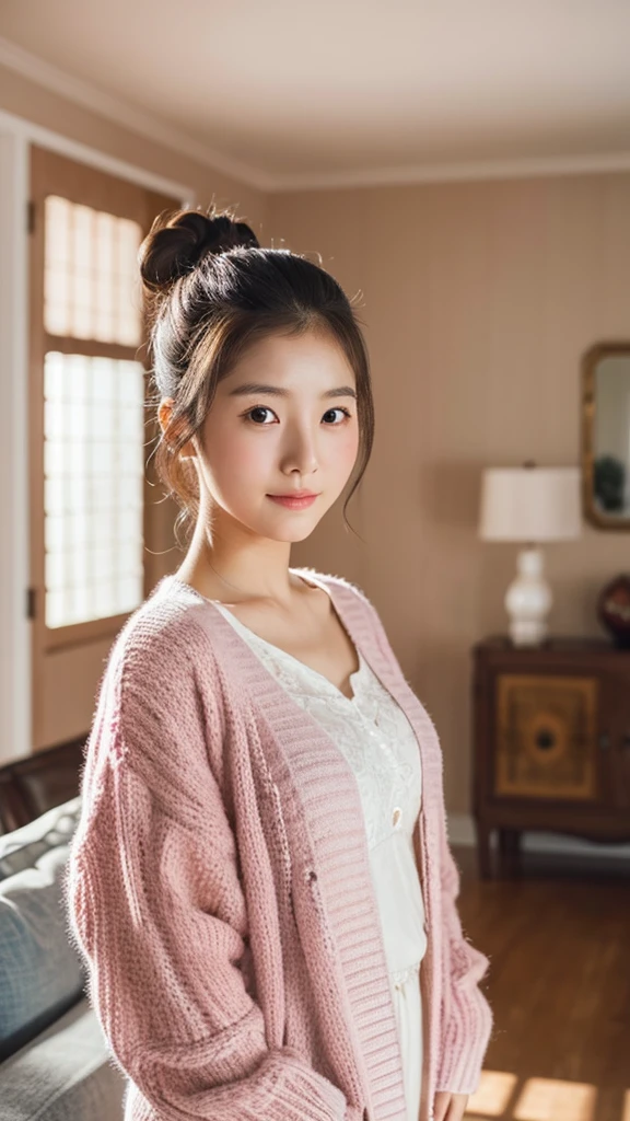 a young Korean housewife in a pink cardigan, white dress, large hair bun, standing in living room, face straight to viewer, shy pose, serene expression, cute face, detailed face, detailed clothing, detailed background, natural lighting, warm colors, beautiful scenery, intricate details, highly detailed, photorealistic, 8k, ((masterpiece)), cinematic style, portrait