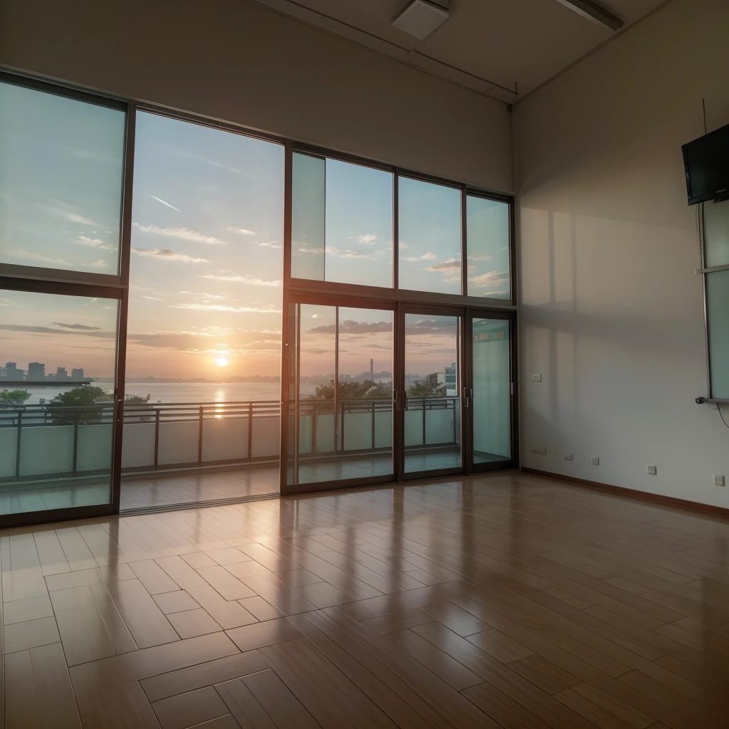Quero uma imagem de uma sala de aula universitaria, com um por do sol transcedendo a  janela. Do it in an Asian classroom style, com varias mesas e cadeira, mochilas, cadernos