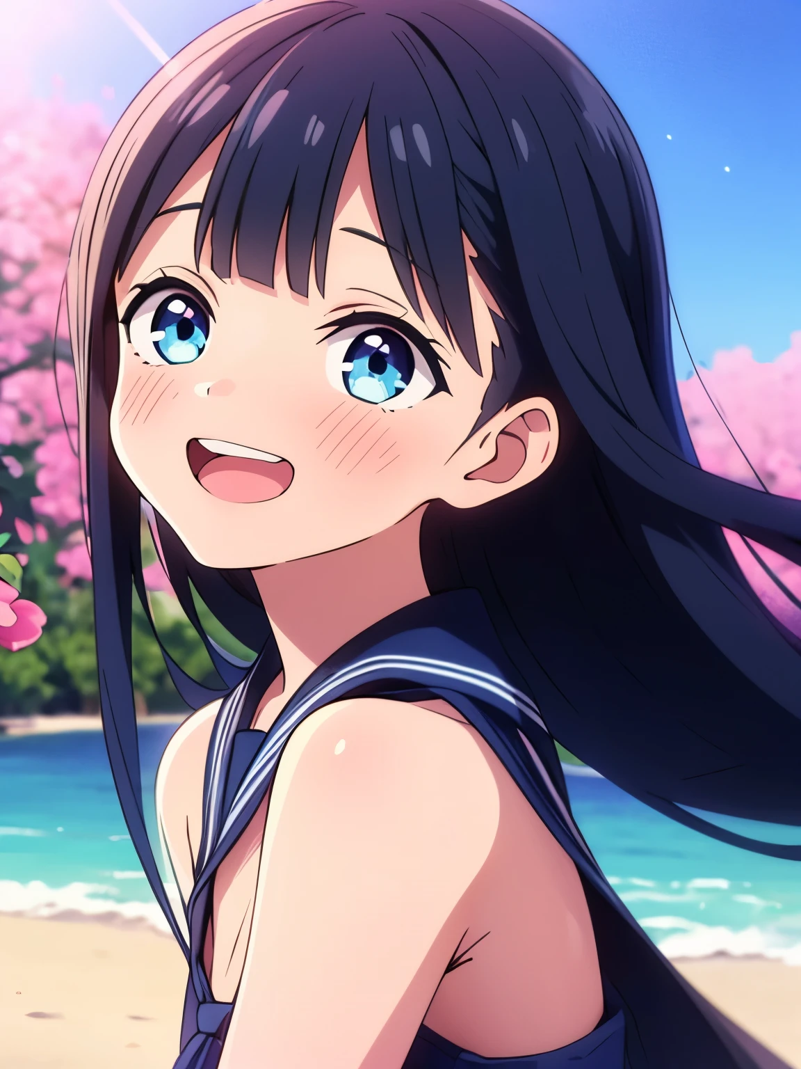 masterpiece, Highestquality, Very detailed, anime, girl,Night Pool,High cut swimsuit,笑face,:d,action,Ass Focus, akebi komichi, sailoruniform, Beach, 
Upright immobile posture,Embarrassed laugh,Embarrassing、
White swimsuit, (Very detailedボディ, Very detailedface, Highestquality:1.2) ,One 16-year-old girl, View the viewer, (Pink good, jeans), (Pink bougainvillea blooms in the background.:1.4), akebi komichi, A red hair accessory smiling at you, 赤colorヘアシュシュ, 
Low Ponytail,Long Hair,bangs, Black Hair, 鈍いbangs,big blue eyes,
1 girl, , 平らなchest, ,beautiful Finger,beautiful long legs,beautiful body,beautiful nose,beautiful character design, 完璧なeye, 完璧なface,表情豊かなeye,
View your viewers, centered in picture,(Upper body_body),(彼女のfaceに注eye), (Innocent_big_eye:1.0),Five Fingers Official Art,Very detailed CG Unity 8k 壁紙, Perfect Lighting,colorful, bright_front_face_Lighting, Too bright natural light、sunlight、Spring Outdoors、During the school cultural festival、
(Tabletop:1.0),(Highest_quality:1.0), 超High resolution,4K,Super detailed,
photograph, 8k, Hmph, High resolution, Absurd:1.2, 400 for Kodak Port, Film Grain, Lens flare, (Vibrant_color:1.2)
(beautiful,chest:1.4), (beautiful_face:1.5),(narrow_Waist), Blue Sailor Suit, Check it out, 大きなchest, delicious