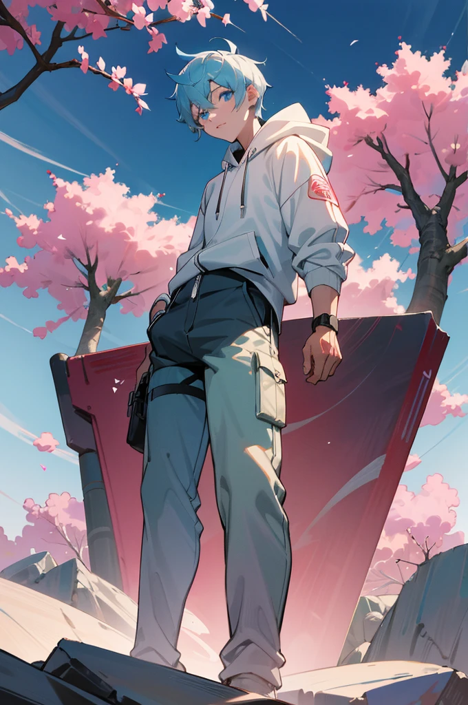 1boy, boyish pastel blue hair, blue eyes, white skin, wearing pastel blue hoodie, black pants, standing below a glowing red sakura tree, absurdres, high res, ultrasharp, 8k, masterpiece, looking at viewer