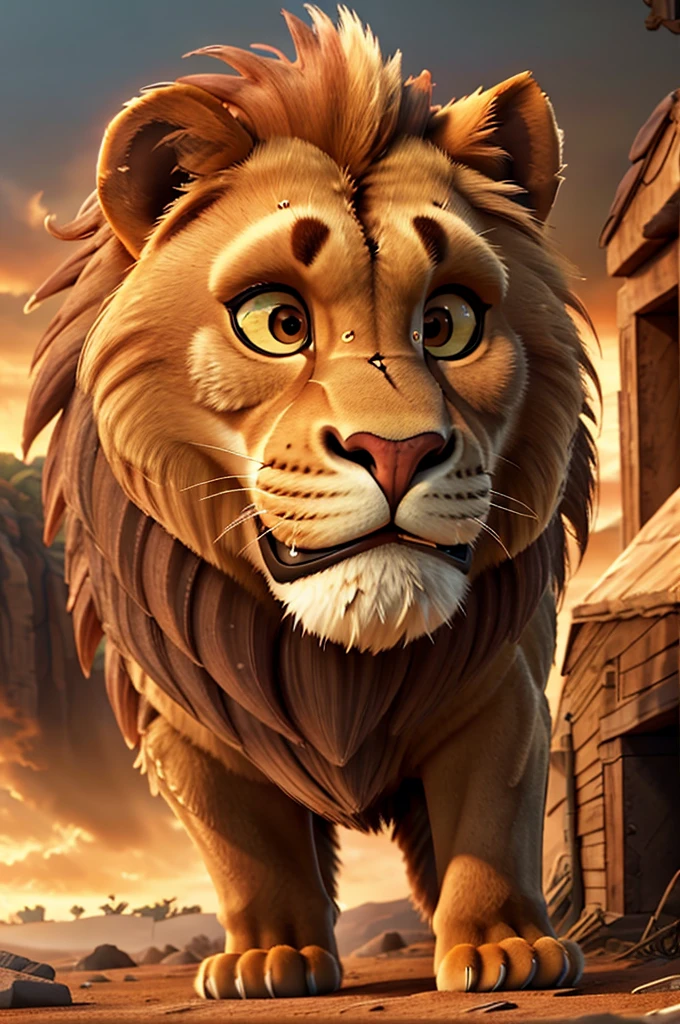 a giant majestic lion, muscular body, powerful physique, alpha male, dominant, jungle setting, golden mane, fierce expression, intense gaze, photorealistic, 8k, highly detailed, cinematic lighting, dramatic composition, warm color palette, breathtaking realism